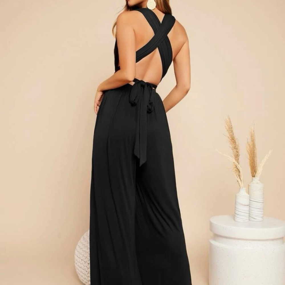 SHEIN black jumpsuit tie backless plunging